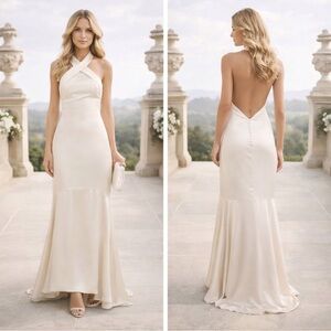 Elliat Angie Flared Satin Halter Open Button Back Maxi Gown Wedding Dress Large